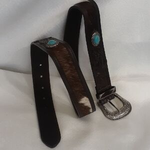 Brown Engraved Leather Belt Turquoise Cabochon Stones Accent Hair On Hide New